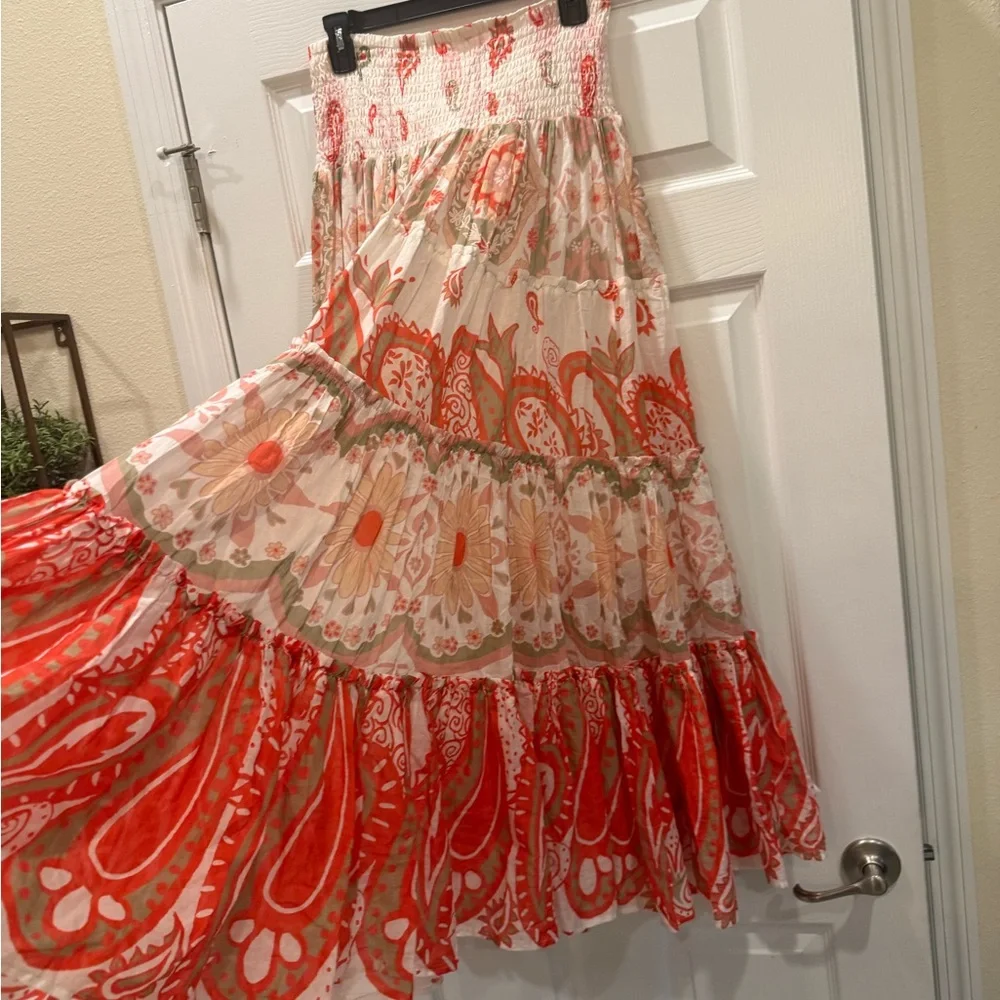 Free People 100% Cotton Red and Cream Tiered Paisley Maxi Skirt - Picture 3 of 9